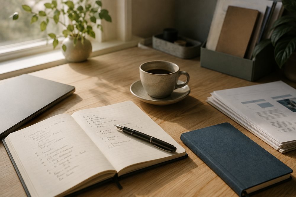 Arbeitsplatz mit Notizbuch und Unterlagen